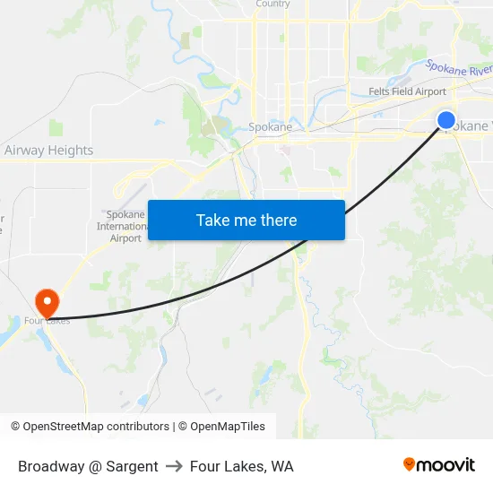 Broadway @ Sargent to Four Lakes, WA map