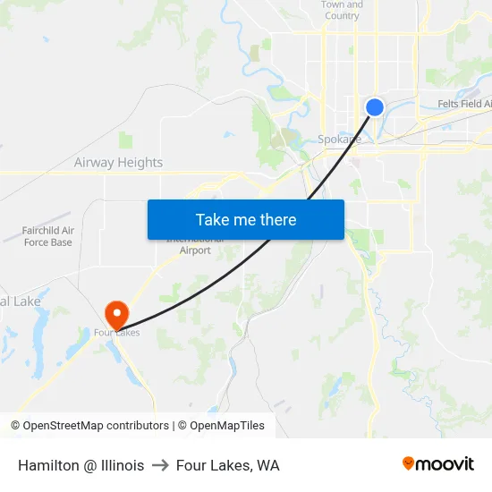 Hamilton @ Illinois to Four Lakes, WA map