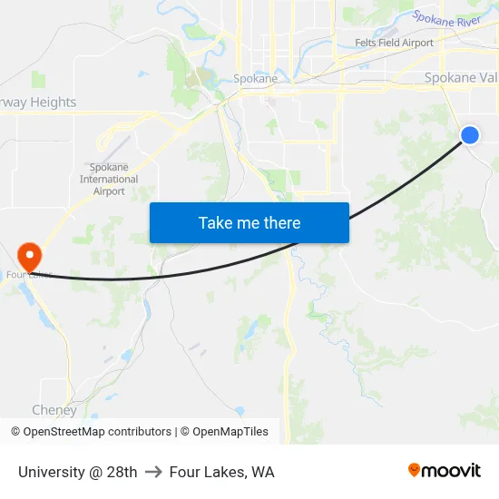 University @ 28th to Four Lakes, WA map