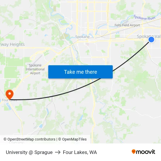 University @ Sprague to Four Lakes, WA map