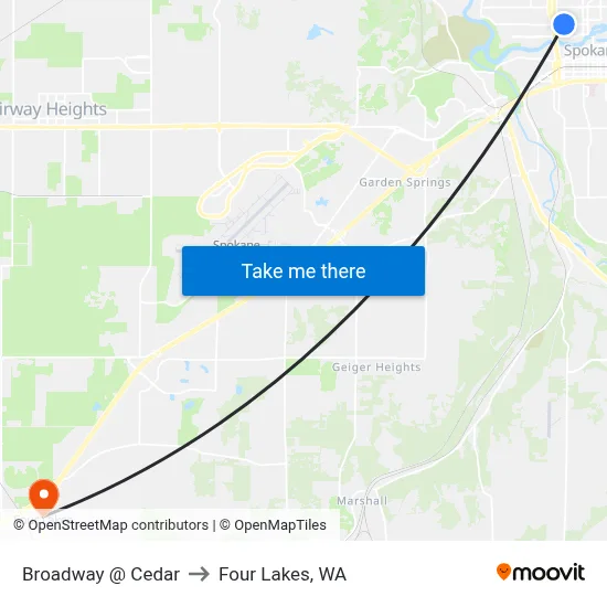 Broadway @ Cedar to Four Lakes, WA map