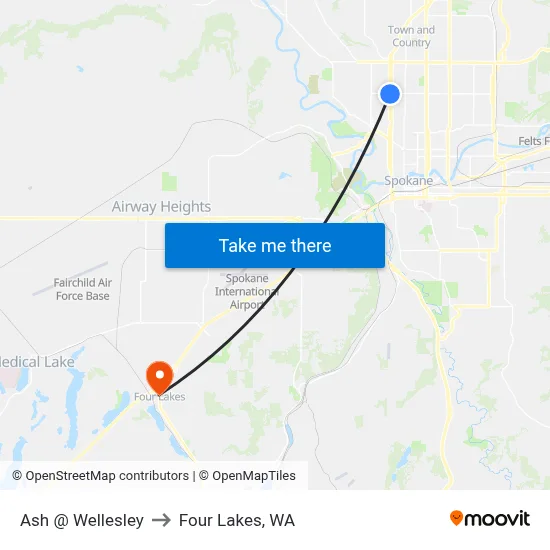Ash @ Wellesley to Four Lakes, WA map