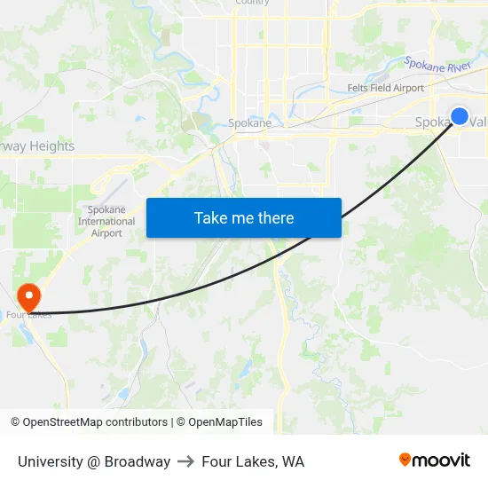 University @ Broadway to Four Lakes, WA map