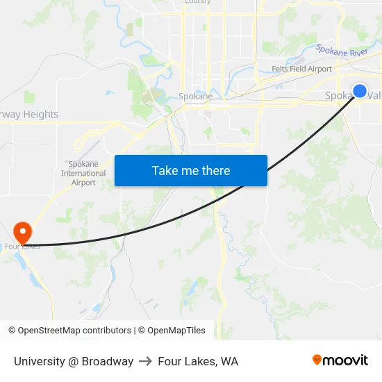 University @ Broadway to Four Lakes, WA map