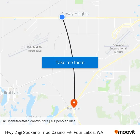 Hwy 2 @ Spokane Tribe Casino to Four Lakes, WA map