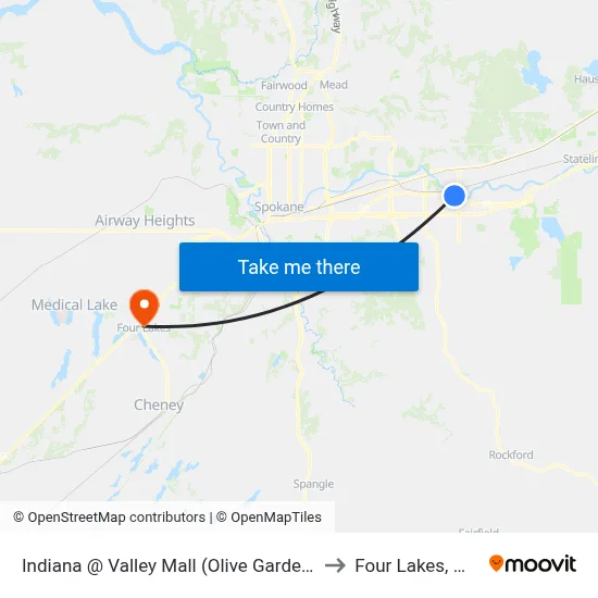 Indiana @ Valley Mall (Olive Garden) to Four Lakes, WA map