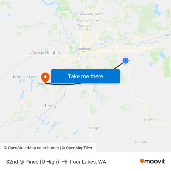 32nd @ Pines (U High) to Four Lakes, WA map