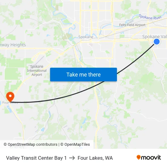 Valley Transit Center Bay 1 to Four Lakes, WA map