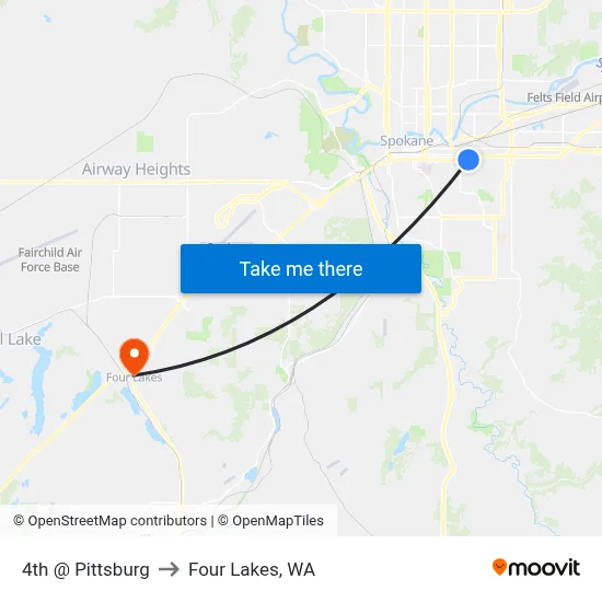 4th @ Pittsburg to Four Lakes, WA map