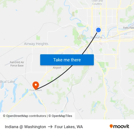 Indiana @ Washington to Four Lakes, WA map