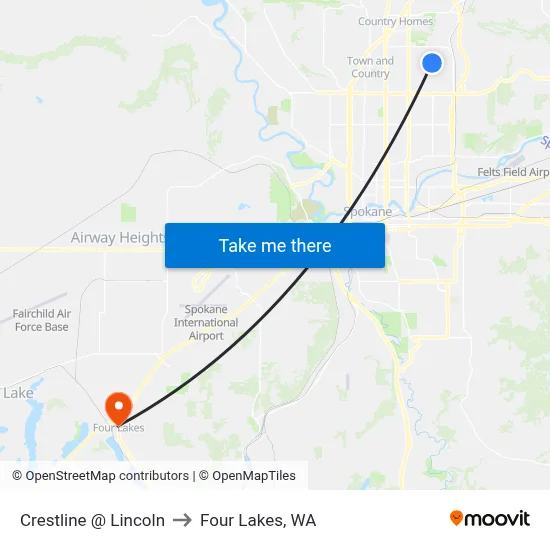 Crestline @ Lincoln to Four Lakes, WA map