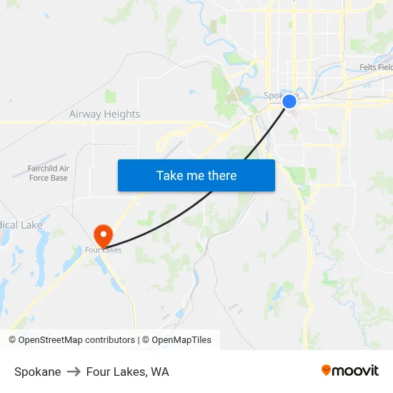 Spokane to Four Lakes, WA map