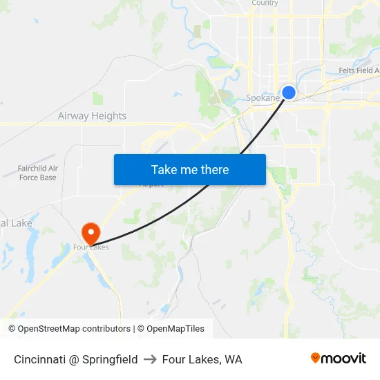 Cincinnati @ Springfield to Four Lakes, WA map