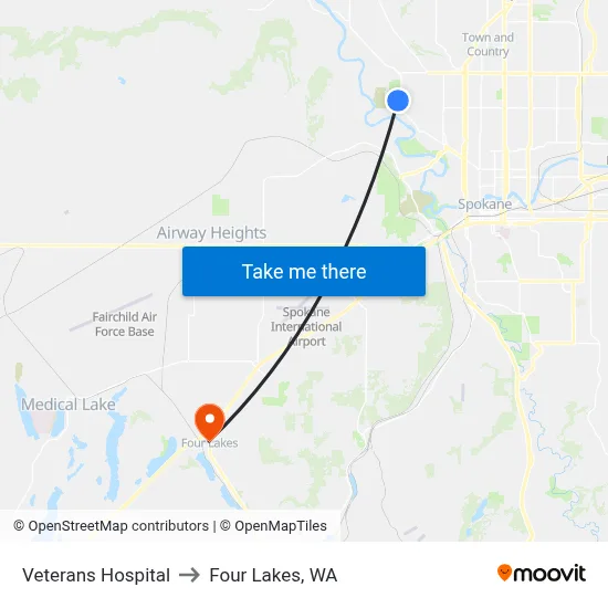 Veterans Hospital to Four Lakes, WA map