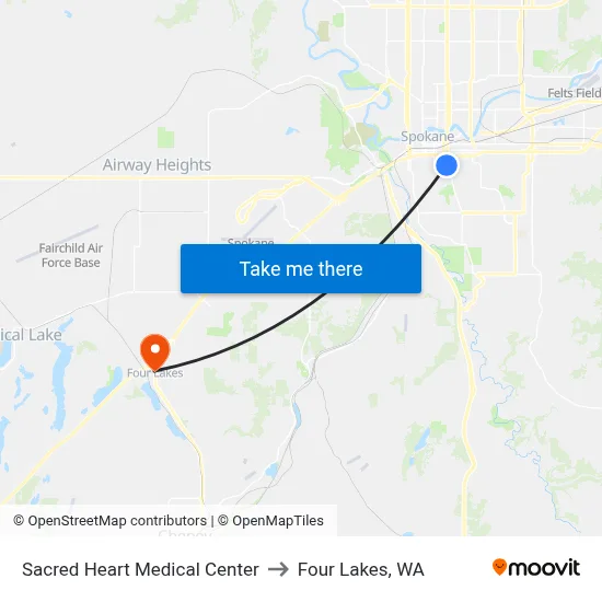 Sacred Heart Medical Center to Four Lakes, WA map