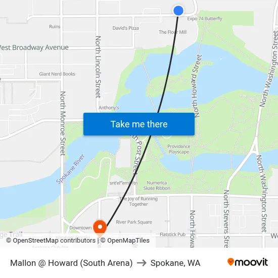 Mallon @ Howard (South Arena) to Spokane, WA map