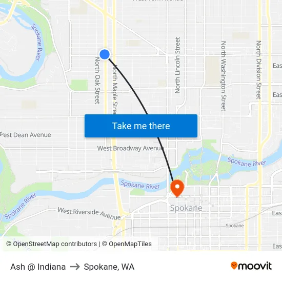 Ash @ Indiana to Spokane, WA map