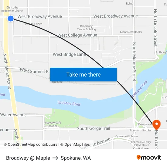 Broadway @ Maple to Spokane, WA map
