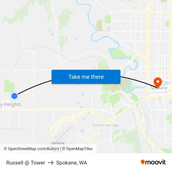 Russell @ Tower to Spokane, WA map