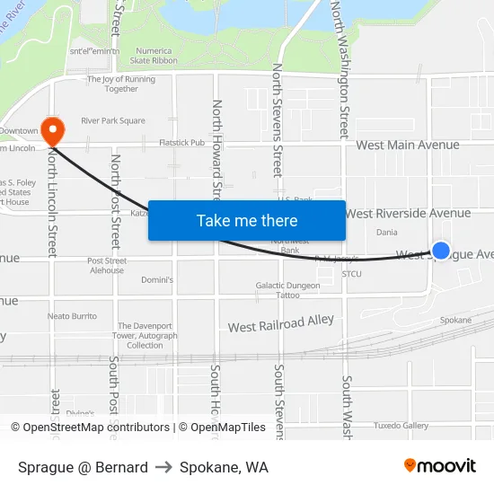 Sprague @ Bernard to Spokane, WA map