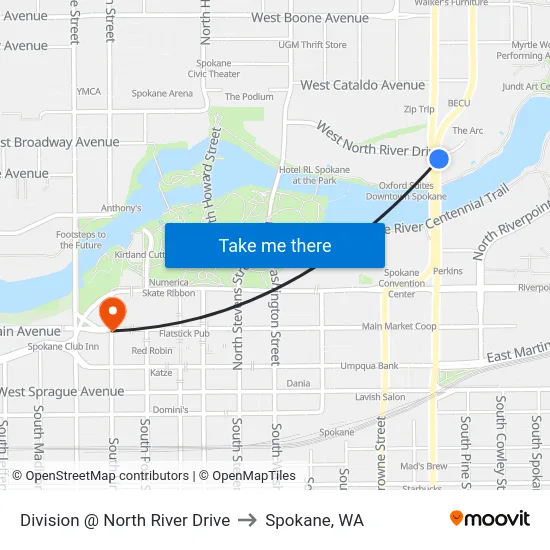 Division @ North River Drive to Spokane, WA map