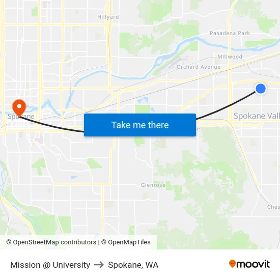 Mission @ University to Spokane, WA map