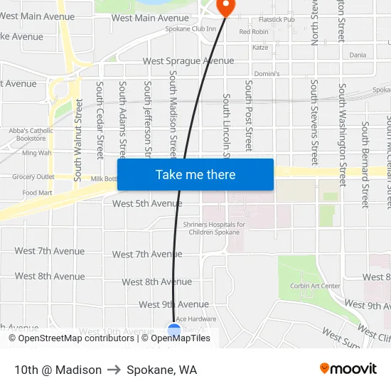 10th @ Madison to Spokane, WA map