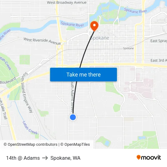 14th @ Adams to Spokane, WA map