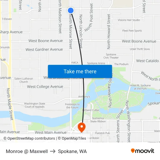 Monroe @ Maxwell to Spokane, WA map