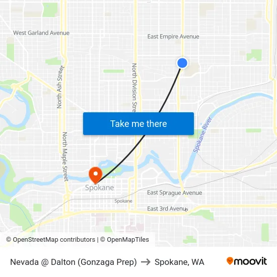 Nevada @ Dalton (Gonzaga Prep) to Spokane, WA map