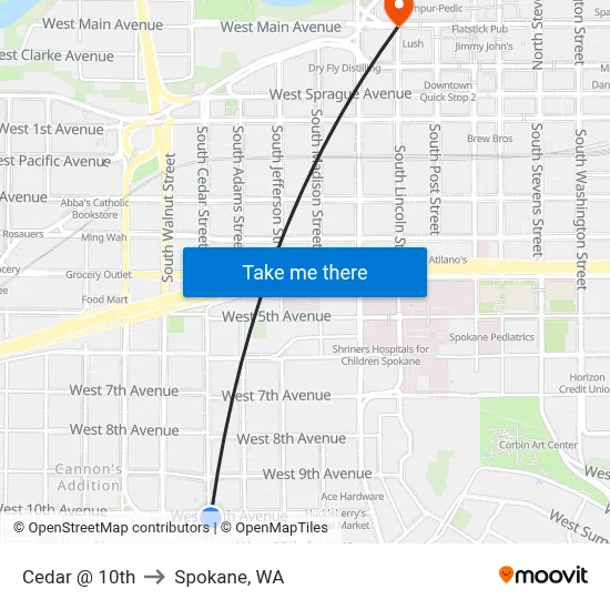 Cedar @ 10th to Spokane, WA map