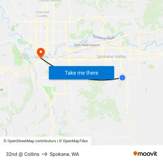 32nd @ Collins to Spokane, WA map