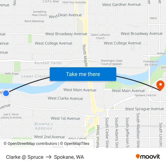 Clarke @ Spruce to Spokane, WA map