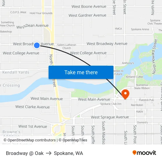 Broadway @ Oak to Spokane, WA map