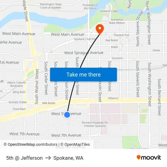 5th @ Jefferson to Spokane, WA map