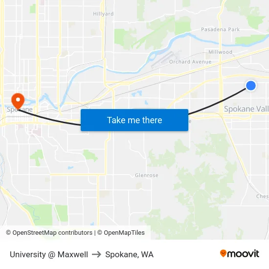 University @ Maxwell to Spokane, WA map