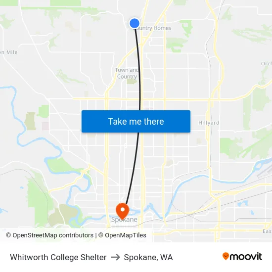 Whitworth College Shelter to Spokane, WA map