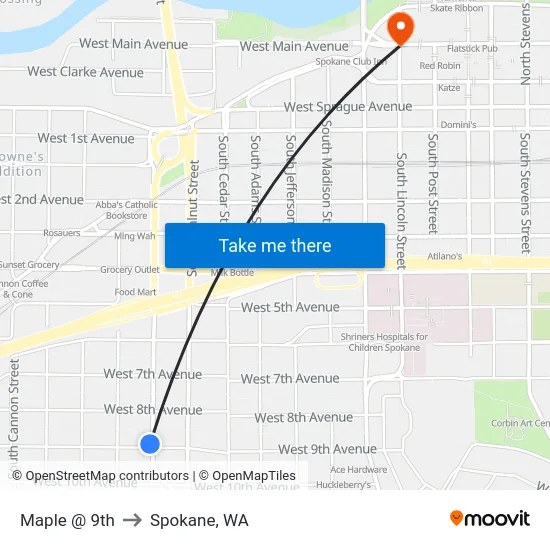 Maple @ 9th to Spokane, WA map