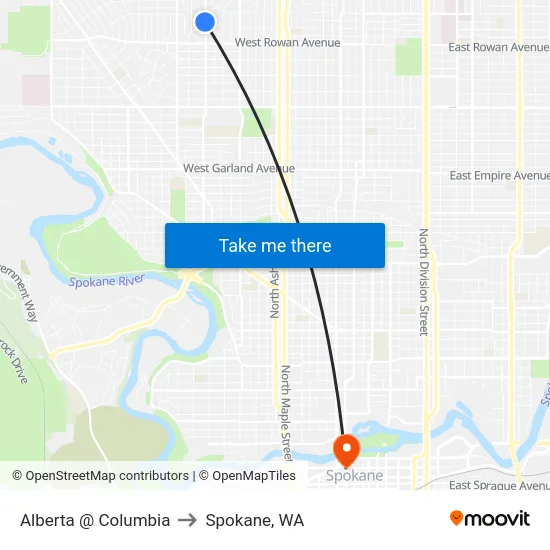 Alberta @ Columbia to Spokane, WA map