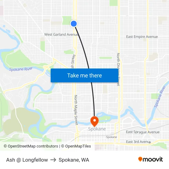 Ash @ Longfellow to Spokane, WA map
