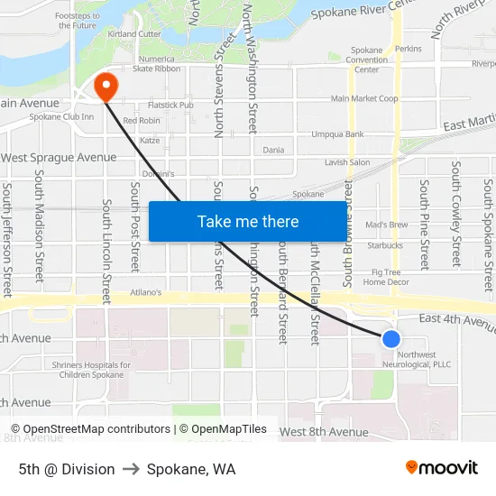 5th @ Division to Spokane, WA map