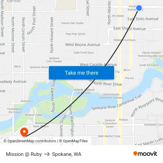 Mission @ Ruby to Spokane, WA map