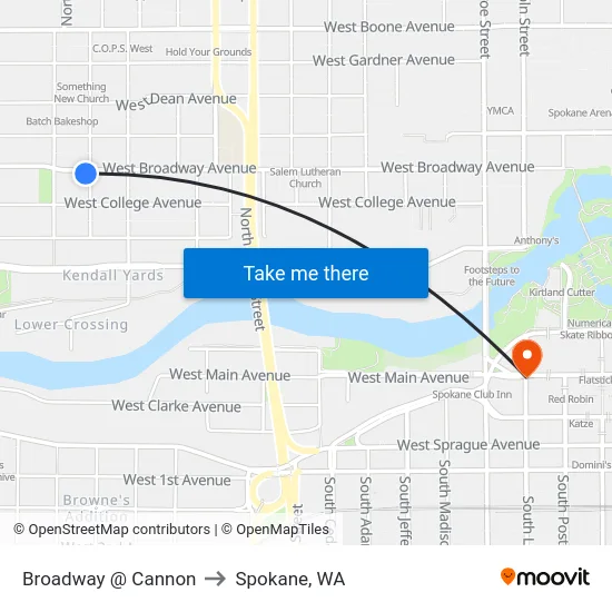 Broadway @ Cannon to Spokane, WA map