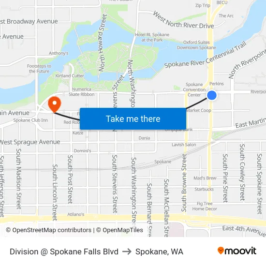 Division @ Spokane Falls Blvd to Spokane, WA map