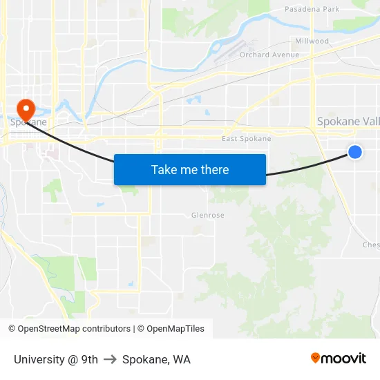 University @ 9th to Spokane, WA map