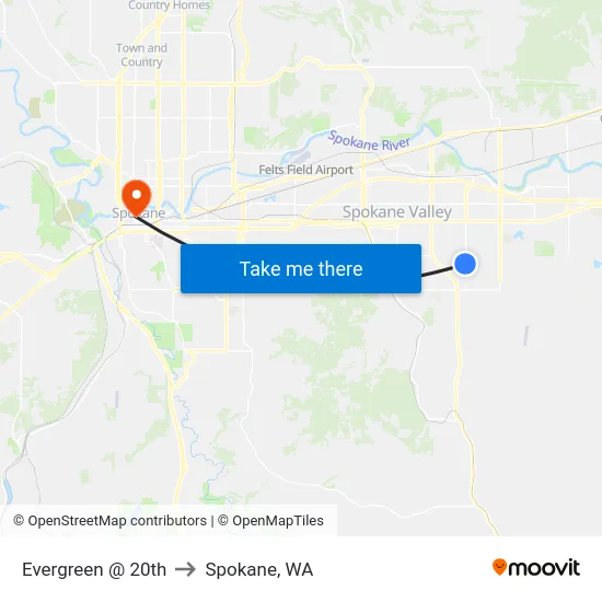 Evergreen @ 20th to Spokane, WA map