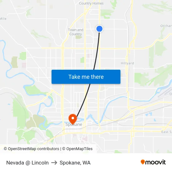 Nevada @ Lincoln to Spokane, WA map