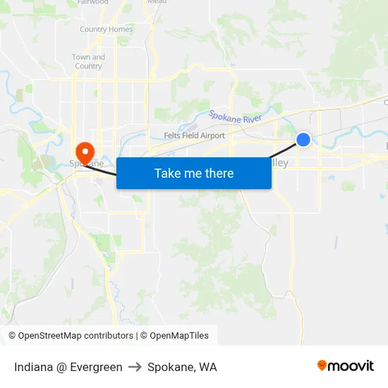 Indiana @ Evergreen to Spokane, WA map