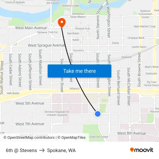 6th @ Stevens to Spokane, WA map