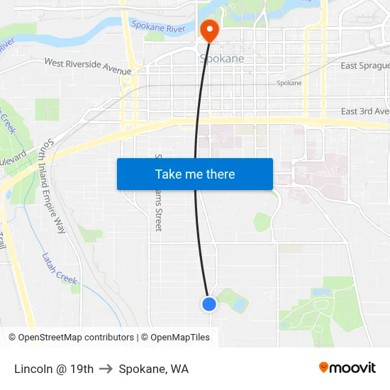 Lincoln @ 19th to Spokane, WA map